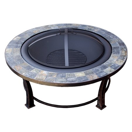 HILAND Wood Burning Fire Pit with Round Slate Table FT-51216